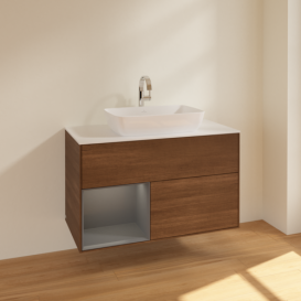 Тумба под раковину Villeroy & Boch Finion 100х50,1 см с подсветкой МДФ шпон грецкого ореха/стекло белое матовое F771GKGN