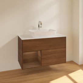 Тумба под раковину Villeroy & Boch Finion 100х50,1 см с подсветкой МДФ шпон грецкого ореха/стекло белое матовое F771GNGN