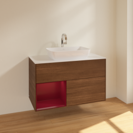 Тумба под раковину Villeroy & Boch Finion 100х50,1 см с подсветкой МДФ шпон грецкого ореха/стекло белое матовое F771HBGN