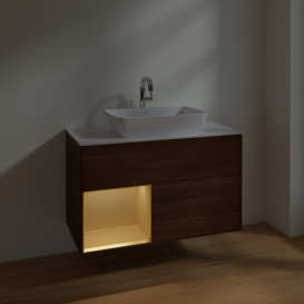 Тумба под раковину Villeroy & Boch Finion 100х50,1 см с подсветкой МДФ шпон грецкого ореха/стекло белое матовое F771HFGN