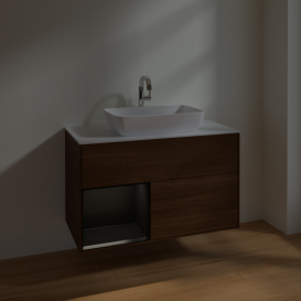 Тумба под раковину Villeroy & Boch Finion 100х50,1 см с подсветкой МДФ шпон грецкого ореха/стекло белое матовое F771PDGN