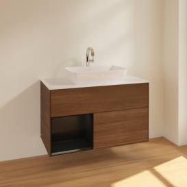 Тумба под раковину Villeroy & Boch Finion 100х50,1 см с подсветкой МДФ шпон грецкого ореха/стекло белое матовое F771PDGN