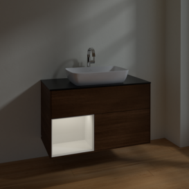 Тумба під раковину Villeroy & Boch Finion 100х50,1 см із підсвічуванням МДФ шпон волоського горіха/скло чорне матове F772GFGN