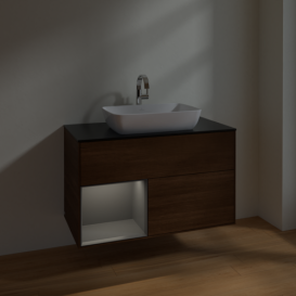 Тумба под раковину Villeroy & Boch Finion 100х50,1 см с подсветкой МДФ шпон грецкого ореха/стекло черное матовое F772GKGN