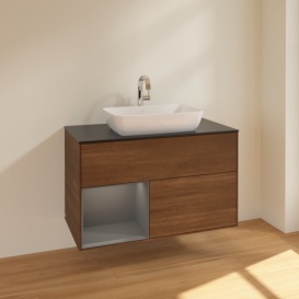 Тумба под раковину Villeroy & Boch Finion 100х50,1 см с подсветкой МДФ шпон грецкого ореха/стекло черное матовое F772GKGN