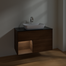 Тумба под раковину Villeroy & Boch Finion 100х50,1 см с подсветкой МДФ шпон грецкого ореха/стекло черное матовое F772GNGN