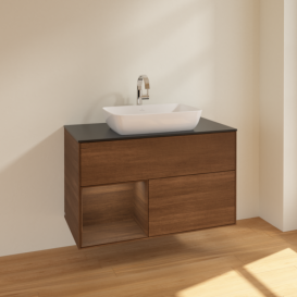 Тумба под раковину Villeroy & Boch Finion 100х50,1 см с подсветкой МДФ шпон грецкого ореха/стекло черное матовое F772GNGN