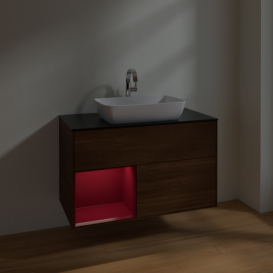 Тумба под раковину Villeroy & Boch Finion 100х50,1 см с подсветкой МДФ шпон грецкого ореха/стекло черное матовое F772HBGN