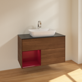 Тумба под раковину Villeroy & Boch Finion 100х50,1 см с подсветкой МДФ шпон грецкого ореха/стекло черное матовое F772HBGN