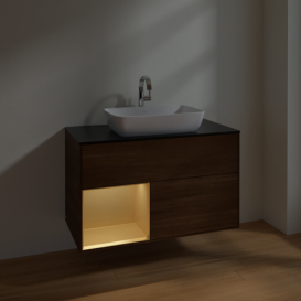 Тумба под раковину Villeroy & Boch Finion 100х50,1 см с подсветкой МДФ шпон грецкого ореха/стекло черное матовое F772HFGN