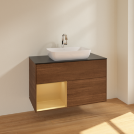 Тумба под раковину Villeroy & Boch Finion 100х50,1 см с подсветкой МДФ шпон грецкого ореха/стекло черное матовое F772HFGN