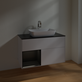 Тумба под раковину Villeroy & Boch Finion 100х50,1 см с подсветкой МДФ глянцевый белый лак/стекло черное матовое F772PDGF