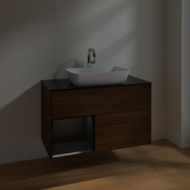 Тумба под раковину Villeroy & Boch Finion 100х50,1 см с подсветкой МДФ шпон грецкого ореха/стекло черное матовое F772PDGN