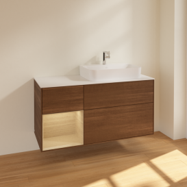 Тумба под раковину Villeroy & Boch Finion 120х50,1 см с подсветкой МДФ шпон грецкого ореха/стекло белое матовое F391PCGN