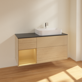 Тумба под раковину Villeroy & Boch Finion 120х50,1 см с подсветкой МДФ шпон дуба/стекло черное матовое F392HFPC