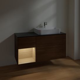 Тумба под раковину Villeroy & Boch Finion 120х50,1 см с подсветкой МДФ шпон грецкого ореха/стекло черное матовое F392PCGN