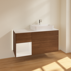 Тумба под раковину Villeroy & Boch Finion 120х50,1 см с подсветкой МДФ шпон грецкого ореха/стекло белое матовое G391GFGN