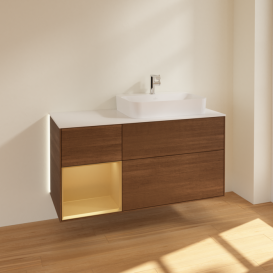 Тумба под раковину Villeroy & Boch Finion 120х50,1 см с подсветкой МДФ шпон грецкого ореха/стекло белое матовое G391HFGN