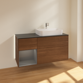 Тумба под раковину Villeroy & Boch Finion 120х50,1 см с подсветкой МДФ шпон грецкого ореха/стекло черное матовое G392GKGN