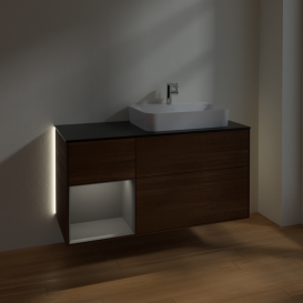 Тумба под раковину Villeroy & Boch Finion 120х50,1 см с подсветкой МДФ шпон грецкого ореха/стекло черное матовое G392GKGN