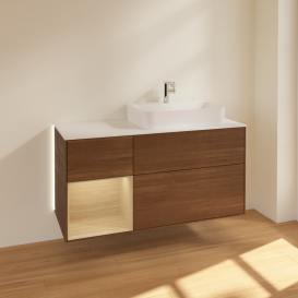 Тумба под раковину Villeroy & Boch Finion 120х50,1 см с подсветкой МДФ шпон грецкого ореха/стекло белое матовое G391PCGN