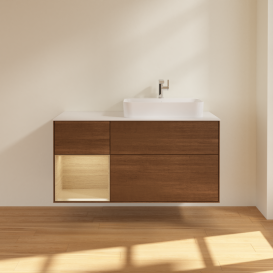 Тумба под раковину Villeroy & Boch Finion 120х50,1 см с подсветкой МДФ шпон грецкого ореха/стекло белое матовое G391PCGN