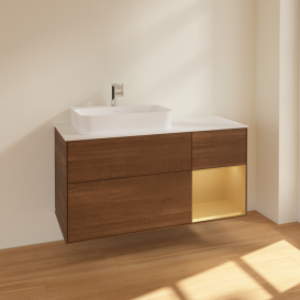 Тумба под раковину Villeroy & Boch Finion 120х50,1 см с подсветкой МДФ шпон грецкого ореха/стекло белое матовое F401HFGN