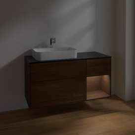 Тумба під раковину Villeroy & Boch Finion 120х50,1 см із підсвічуванням МДФ шпон волоського горіха/скло чорне матове F402GNGN