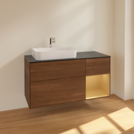 Тумба под раковину Villeroy & Boch Finion 120х50,1 см с подсветкой МДФ шпон грецкого ореха/стекло черное матовое F402HFGN