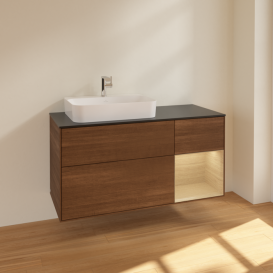 Тумба под раковину Villeroy & Boch Finion 120х50,1 см с подсветкой МДФ шпон грецкого ореха/стекло черное матовое F402PCGN