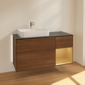 Тумба под раковину Villeroy & Boch Finion 120х50,1 см с подсветкой МДФ шпон грецкого ореха/стекло черное матовое G402HFGN