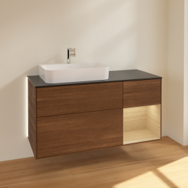 Тумба под раковину Villeroy & Boch Finion 120х50,1 см с подсветкой МДФ шпон грецкого ореха/стекло черное матовое G402PCGN