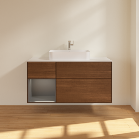 Тумба під раковину Villeroy & Boch Finion 120х50,1 см із підсвічуванням МДФ шпон волоського горіха/скло біле матове F411GKGN