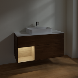 Тумба под раковину Villeroy & Boch Finion 120х50,1 см с подсветкой МДФ шпон грецкого ореха/стекло белое матовое F411PCGN