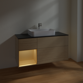 Тумба под раковину Villeroy & Boch Finion 120х50,1 см с подсветкой МДФ шпон дуба/стекло черное матовое F412HFPC