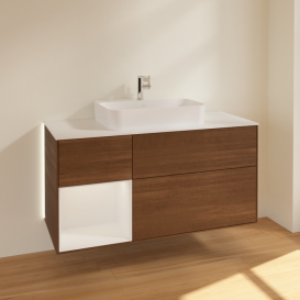 Тумба под раковину Villeroy & Boch Finion 120х50,1 см с подсветкой МДФ шпон грецкого ореха/стекло белое матовое G411GFGN