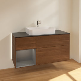 Тумба под раковину Villeroy & Boch Finion 120х50,1 см с подсветкой МДФ шпон грецкого ореха/стекло черное матовое G412GKGN