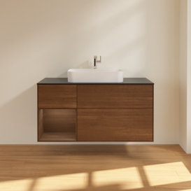 Тумба под раковину Villeroy & Boch Finion 120х50,1 см с подсветкой МДФ шпон грецкого ореха/стекло черное матовое G412GNGN