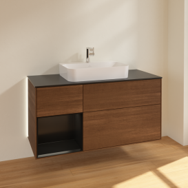 Тумба под раковину Villeroy & Boch Finion 120х50,1 см с подсветкой МДФ шпон грецкого ореха/стекло черное матовое G412PDGN