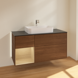 Тумба під раковину Villeroy & Boch Finion 120х50,1 см із підсвічуванням МДФ шпон волоського горіха/скло чорне матове G412PCGN