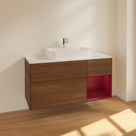 Тумба под раковину Villeroy & Boch Finion 120х50,1 см с подсветкой МДФ шпон грецкого ореха/стекло белое матовое F421HBGN