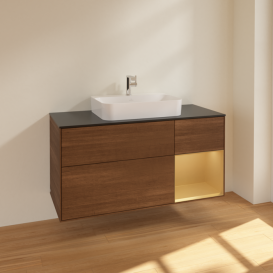 Тумба под раковину Villeroy & Boch Finion 120х50,1 см с подсветкой МДФ шпон грецкого ореха/стекло черное матовое F422HFGN