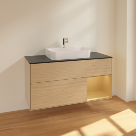 Тумба под раковину Villeroy & Boch Finion 120х50,1 см с подсветкой МДФ шпон дуба/стекло черное матовое F422HFPC