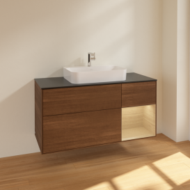 Тумба под раковину Villeroy & Boch Finion 120х50,1 см с подсветкой МДФ шпон грецкого ореха/стекло черное матовое F422PCGN