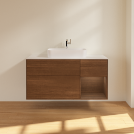 Тумба под раковину Villeroy & Boch Finion 120х50,1 см с подсветкой МДФ шпон грецкого ореха/стекло белое матовое G421GNGN