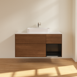 Тумба под раковину Villeroy & Boch Finion 120х50,1 см с подсветкой МДФ шпон грецкого ореха/стекло белое матовое G421PDGN