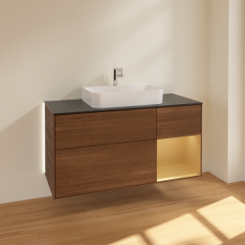 Тумба под раковину Villeroy & Boch Finion 120х50,1 см с подсветкой МДФ шпон грецкого ореха/стекло черное матовое G422HFGN