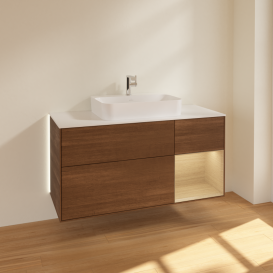 Тумба под раковину Villeroy & Boch Finion 120х50,1 см с подсветкой МДФ шпон грецкого ореха/стекло белое матовое G421PCGN