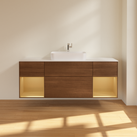 Тумба под раковину Villeroy & Boch Finion 160х50,1 см с подсветкой МДФ шпон грецкого ореха/стекло белое матовое F451HFGN