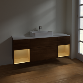 Тумба под раковину Villeroy & Boch Finion 160х50,1 см с подсветкой МДФ шпон грецкого ореха/стекло белое матовое F451HFGN